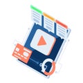 Isometric Video Play Icon on Digital Tablet with Subscription Plan Table