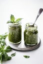 Isometric view of basil pesto in a jars with spoon generative AI