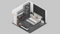 Isometric view of a bedroom,residential area, 3d rendering Royalty Free Stock Photo