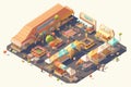 isometric view of bustling marketplace, with vendors and shoppers