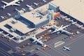 isometric view of busy airport terminal, with airplanes taking off and landing