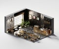 Isometric view cafe store open inside interior architecture, 3d rendering