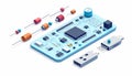 Isometric view of a circuit board featuring various electronic components on a white background Royalty Free Stock Photo