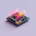 Isometric view of a circuit board with glowing data visualizations. Concept for AI, machine learning, tech, and future. Perfect Royalty Free Stock Photo