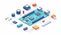 Isometric view of a circuit board surrounded by assorted electronic components, ready to assemble Royalty Free Stock Photo
