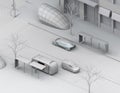Isometric view. Clay rendering of autonomous vehicles in modern city