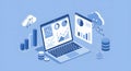Isometric View of Cloud Computing and Business Data Analytics on Laptop with Financial Indicators and Database Management Royalty Free Stock Photo