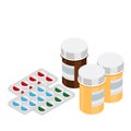 Isometric view of medical capsules in foil blister pack and amber bottles Royalty Free Stock Photo