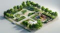Isometric view of a community park with a playground, picnic tables, and green spaces