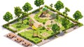 Isometric view of a community park with a playground, picnic tables, and green spaces