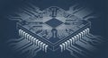 Isometric view of a computer chip reveals intricate circuit patterns on deep blue background Royalty Free Stock Photo