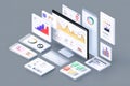 Isometric view of computer monitor and floating data visualization dashboards on gray background Royalty Free Stock Photo