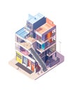 Isometric view of cut section of colorful three floor building