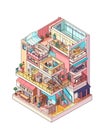 Isometric view of cut section of colorful three floor building