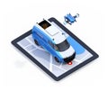 Isometric view of delivery drone and van on digital tablet computer