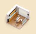 Isometric view of dental clinic interior with dental chair and cabinet system