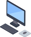 Isometric view of a desktop computer setup, featuring a monitor, keyboard, and mouse on a mousepad, representing modern