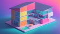 Isometric view of a detached single-family house in very colorful color combinations of the eighties