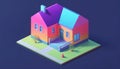 Isometric view of a detached single-family house in very colorful color combinations of the eighties