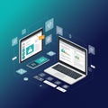 Isometric view of a digital workspace featuring a laptop and a tablet. The laptop Royalty Free Stock Photo