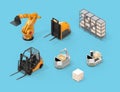 Isometric view of electric forklift, autonomous forklift, AGV, industrial robot on blue background Royalty Free Stock Photo