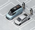 Isometric view of electric minivan and silver sedan charging at charging station