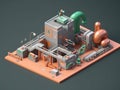 Isometric view of the exterior of a factory building with exposed mechanical and piping systems. Royalty Free Stock Photo