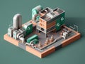 Isometric view of the exterior of a factory building with exposed mechanical and piping systems. Royalty Free Stock Photo
