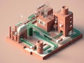 Isometric view of the exterior of a factory building with exposed mechanical and piping systems. Royalty Free Stock Photo