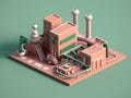 Isometric view of the exterior of a factory building with exposed mechanical and piping systems. Royalty Free Stock Photo