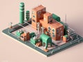 Isometric view of the exterior of a factory building with exposed mechanical and piping systems. Royalty Free Stock Photo