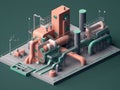 Isometric view of the exterior of a factory building with exposed mechanical and piping systems. Royalty Free Stock Photo