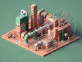 Isometric view of the exterior of a factory building with exposed mechanical and piping systems. Royalty Free Stock Photo