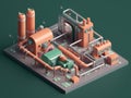 Isometric view of the exterior of a factory building with exposed mechanical and piping systems. Royalty Free Stock Photo