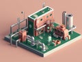 Isometric view of the exterior of a factory building with exposed mechanical and piping systems. Royalty Free Stock Photo