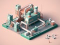 Isometric view of the exterior of a factory building with exposed mechanical and piping systems. Royalty Free Stock Photo