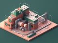 Isometric view of the exterior of a factory building with exposed mechanical and piping systems. Royalty Free Stock Photo