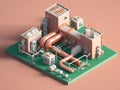 Isometric view of the exterior of a factory building with exposed mechanical and piping systems. Royalty Free Stock Photo