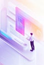 Isometric view of a financial analyst studying data charts on a screen.