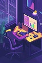 Isometric view of a financial analyst studying data charts on a screen.