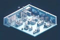 isometric view of futuristic laboratory, with high-tech equipment and experiments in progress