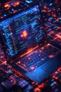 Isometric view of futuristic laptop displaying colorful digital code and data