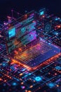 Isometric view of futuristic laptop displaying colorful digital code and data