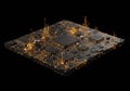 Isometric View of Glowing Gold Circuit Board Royalty Free Stock Photo