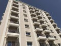 Isometric view of high rise apartment residential buildings with rectangular balcony with balustrades or handrails for protection