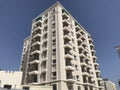 Isometric view of high rise apartment residential buildings with rectangular balcony with balustrades or handrails for protection