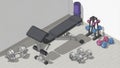 Isometric view of a home gym setup with various weights and exercise equipment Royalty Free Stock Photo