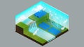 Isometric view of a hydroelectric dam,windmill ,solar cell ,Future alternative energy sources Solar energy, biomass, and wind