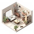 Isometric view living room, open design interior of tiny miniature room on white background, AI generative