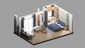 Isometric view of a master bedroom and living area,residential area, 3d rendering